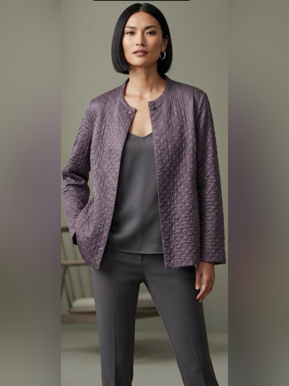 Eileen Fisher Plum Purple Quilted Crinkle Texture open front jacket Cardigan